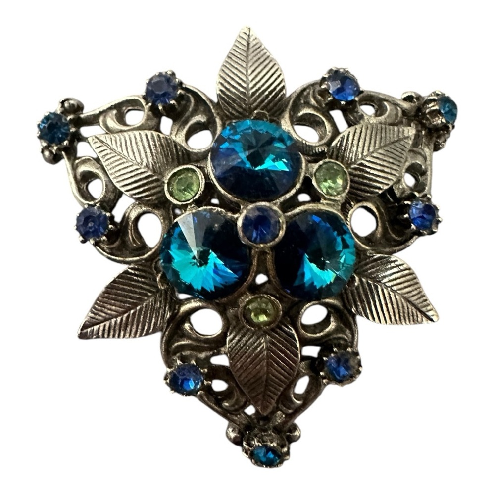 Flower Aurora & Blue Rivoli Vintage Silver Brooch Pin 1918